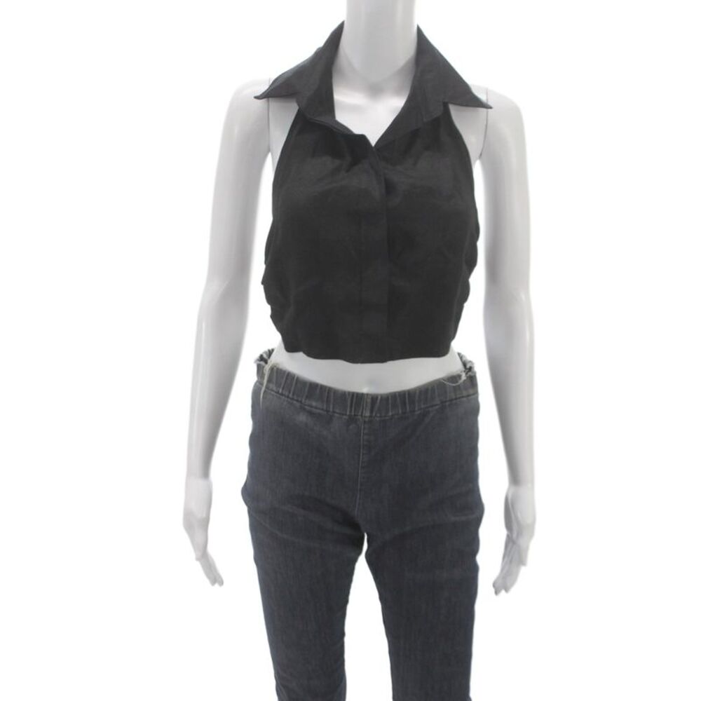 Designer Womens Cropped Black Linen Sleeveless Collared Button Blouse Size XS